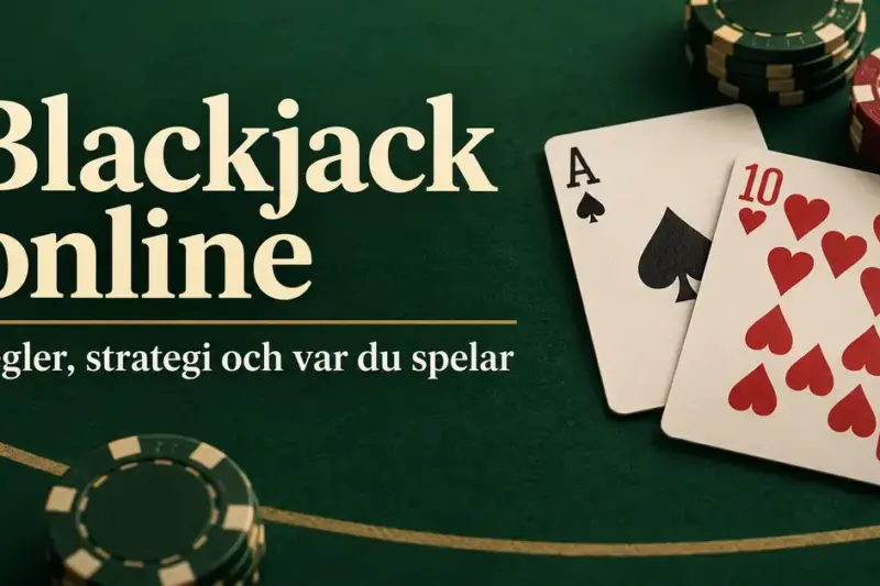 Spader ess och hjärter tio med spelmarker på ett grönt blackjackbord intill texten ”Blackjack online – Regler, strategi och var du spelar”.
