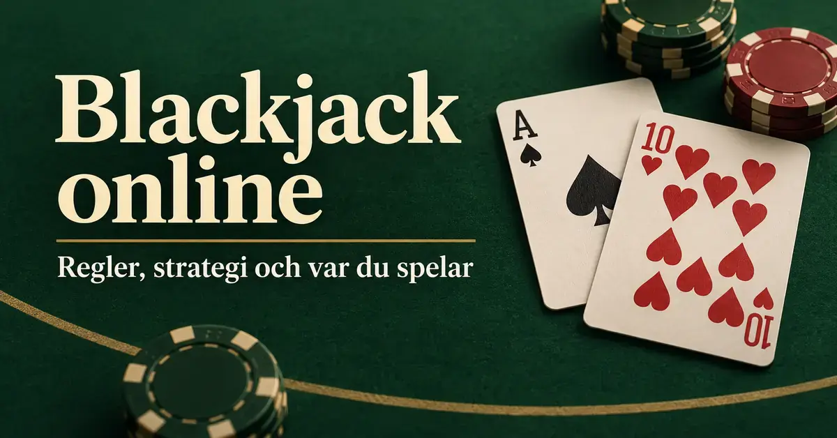 Spader ess och hjärter tio med spelmarker på ett grönt blackjackbord intill texten ”Blackjack online – Regler, strategi och var du spelar”.