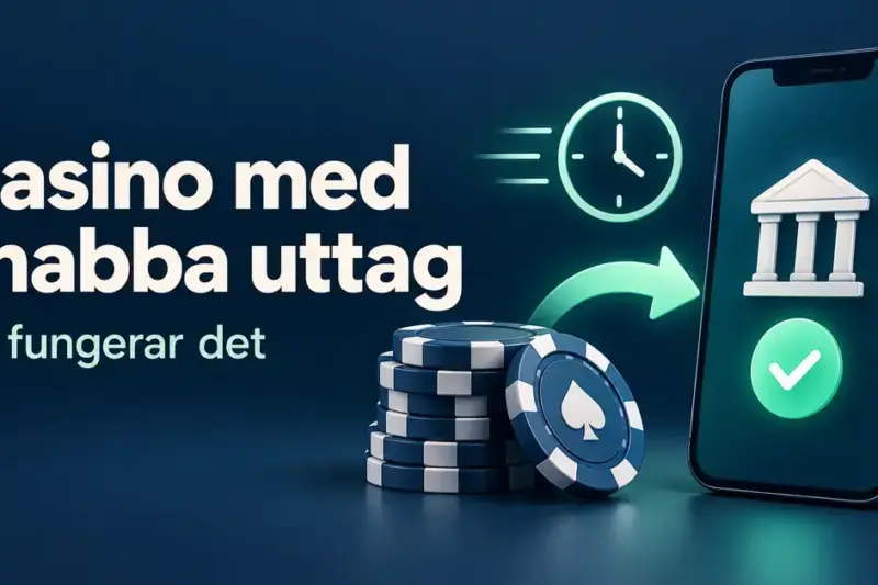 Illustration av spelmarker, en klocka och en pil mot en mobil med banksymbol och bock som symboliserar snabba uttag från casino till bankkonto.