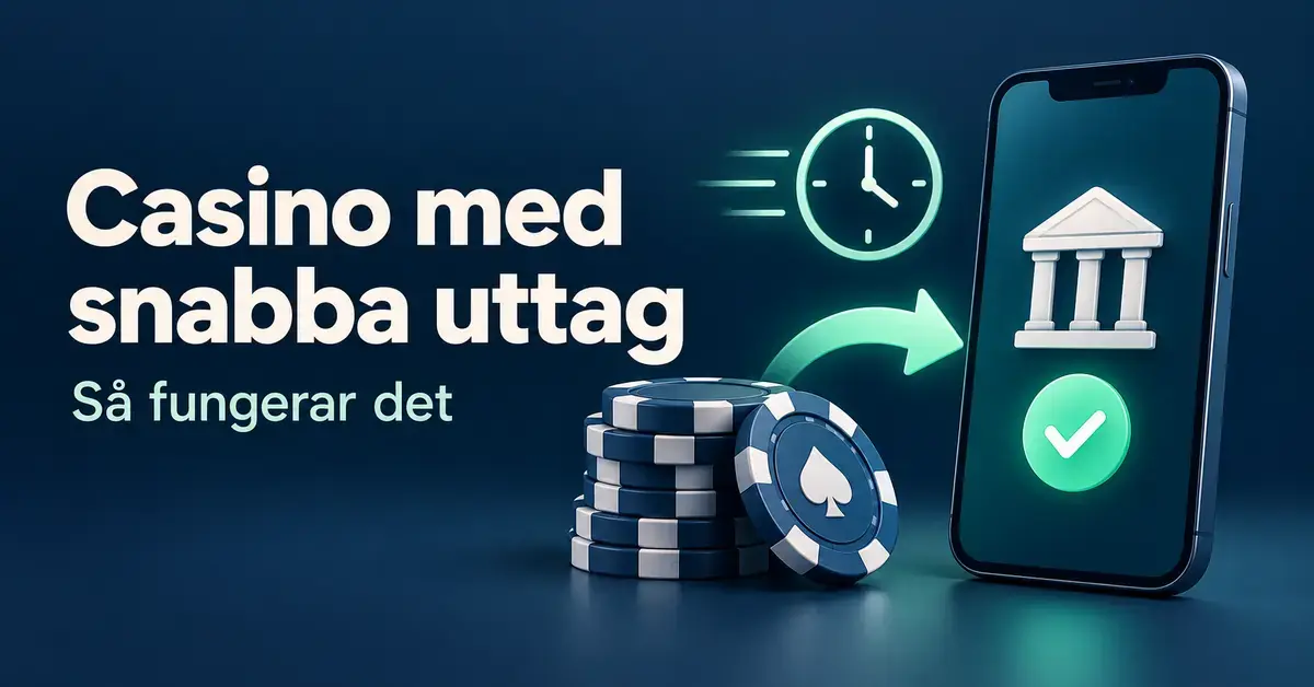 Illustration av spelmarker, en klocka och en pil mot en mobil med banksymbol och bock som symboliserar snabba uttag från casino till bankkonto.