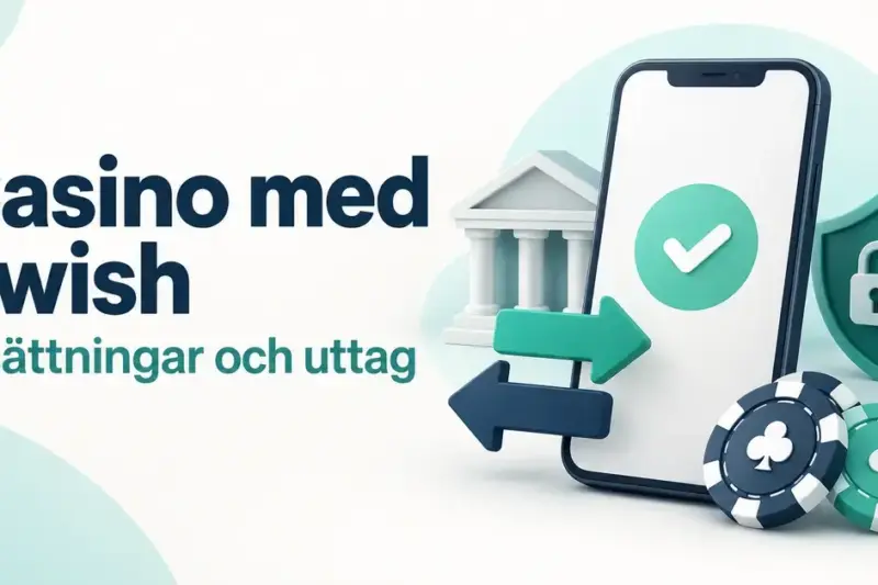 Illustration av en mobiltelefon med en bock, pilar för insättningar och uttag, en bank, en låst sköld och kasinomarker under rubriken Casino med Swish.
