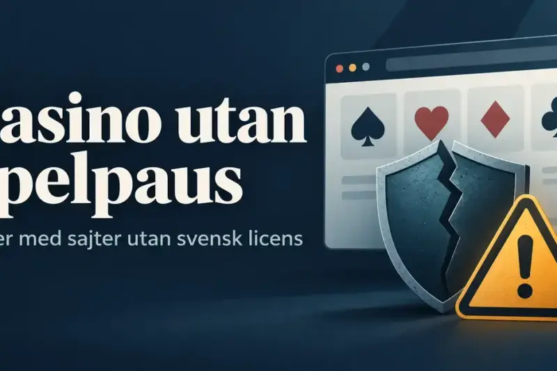 Illustration av en casinosajt bakom en sprucken skyddssköld och en varningstriangel, med texten ”Casino utan Spelpaus – Risker med sajter utan svensk licens”.