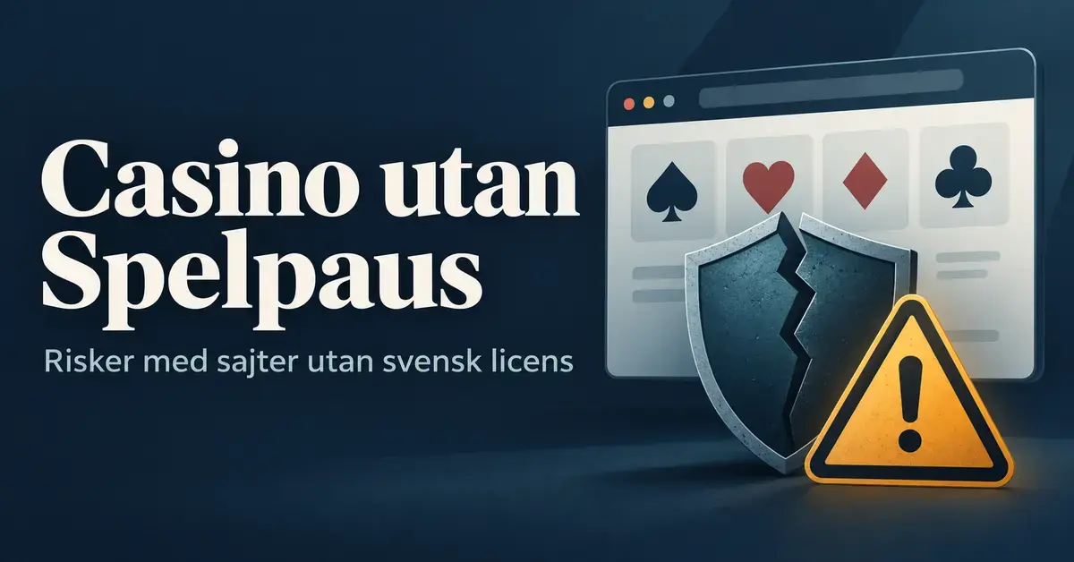 Illustration av en casinosajt bakom en sprucken skyddssköld och en varningstriangel, med texten ”Casino utan Spelpaus – Risker med sajter utan svensk licens”.