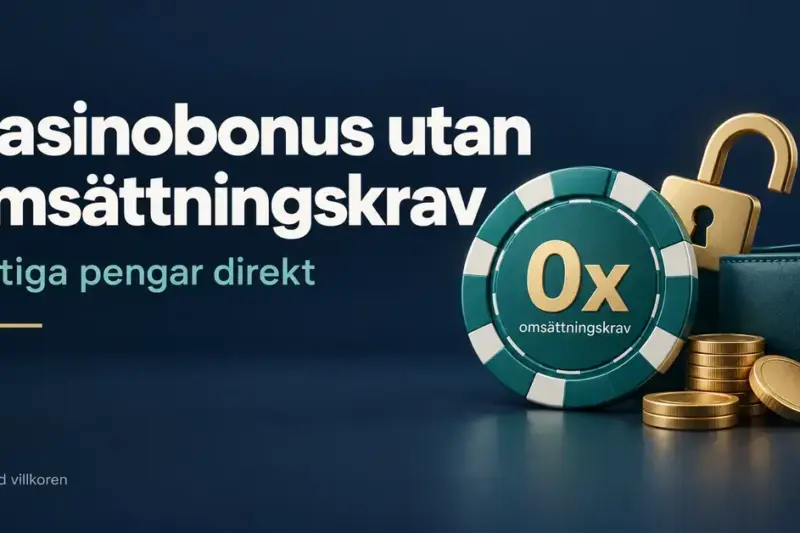 Illustration av en spelmarker med 0x omsättningskrav, ett öppet hänglås, mynt och en plånbok bredvid texten ”Casinobonus utan omsättningskrav – Riktiga pengar direkt”.