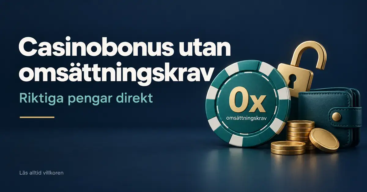Illustration av en spelmarker med 0x omsättningskrav, ett öppet hänglås, mynt och en plånbok bredvid texten ”Casinobonus utan omsättningskrav – Riktiga pengar direkt”.