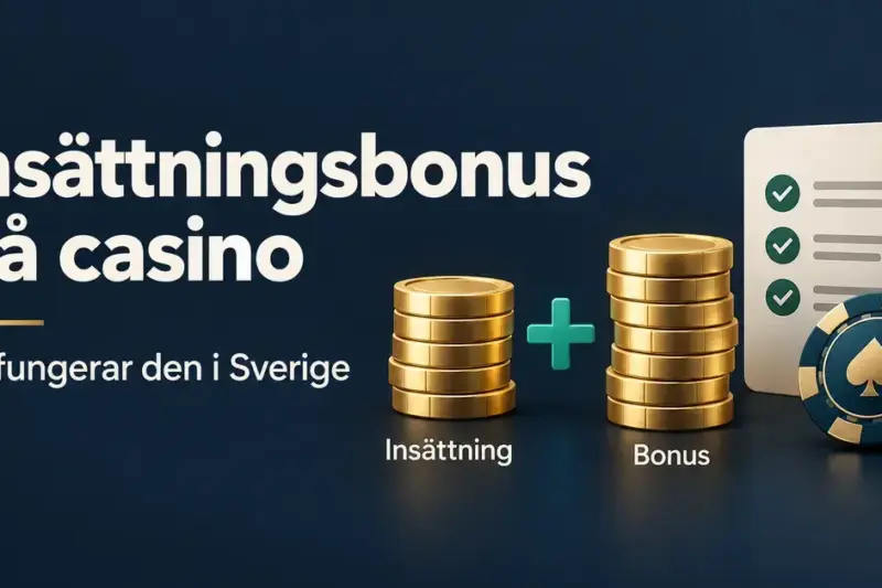 Illustration av en insättningsbonus på casino med myntstaplar för insättning och bonus, en spelmarker och en checklista för villkor.