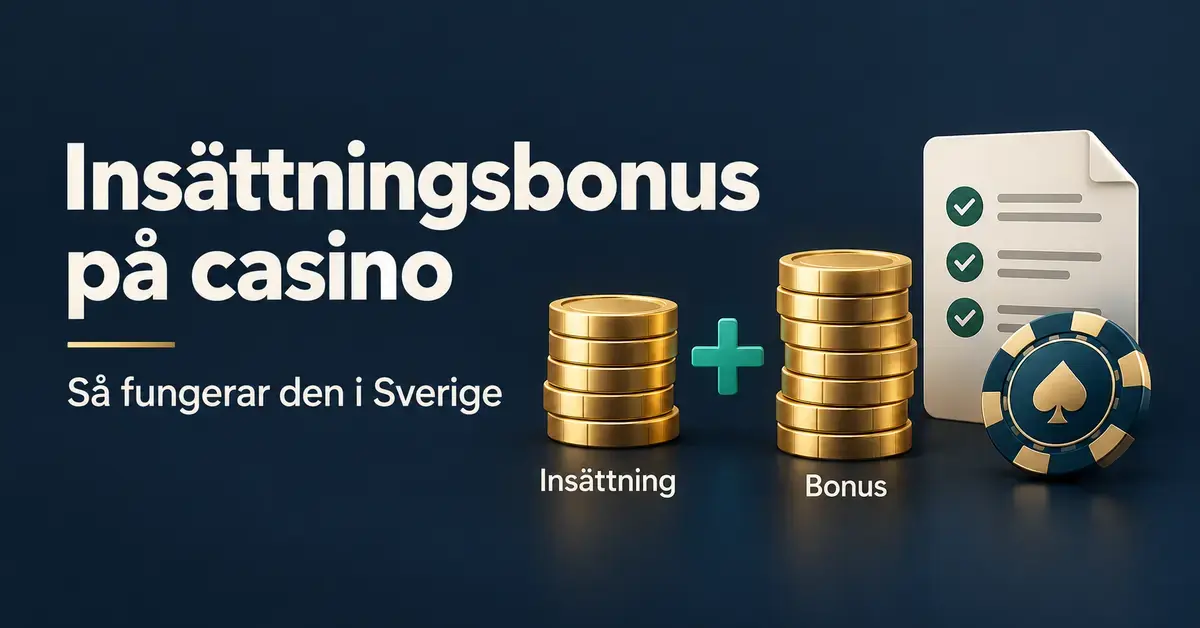 Illustration av en insättningsbonus på casino med myntstaplar för insättning och bonus, en spelmarker och en checklista för villkor.
