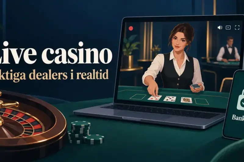 Illustration av en dealer som delar ut kort via en livesändning på en bärbar dator, med ett rouletthjul och en mobiltelefon som symboliserar verifiering med BankID.