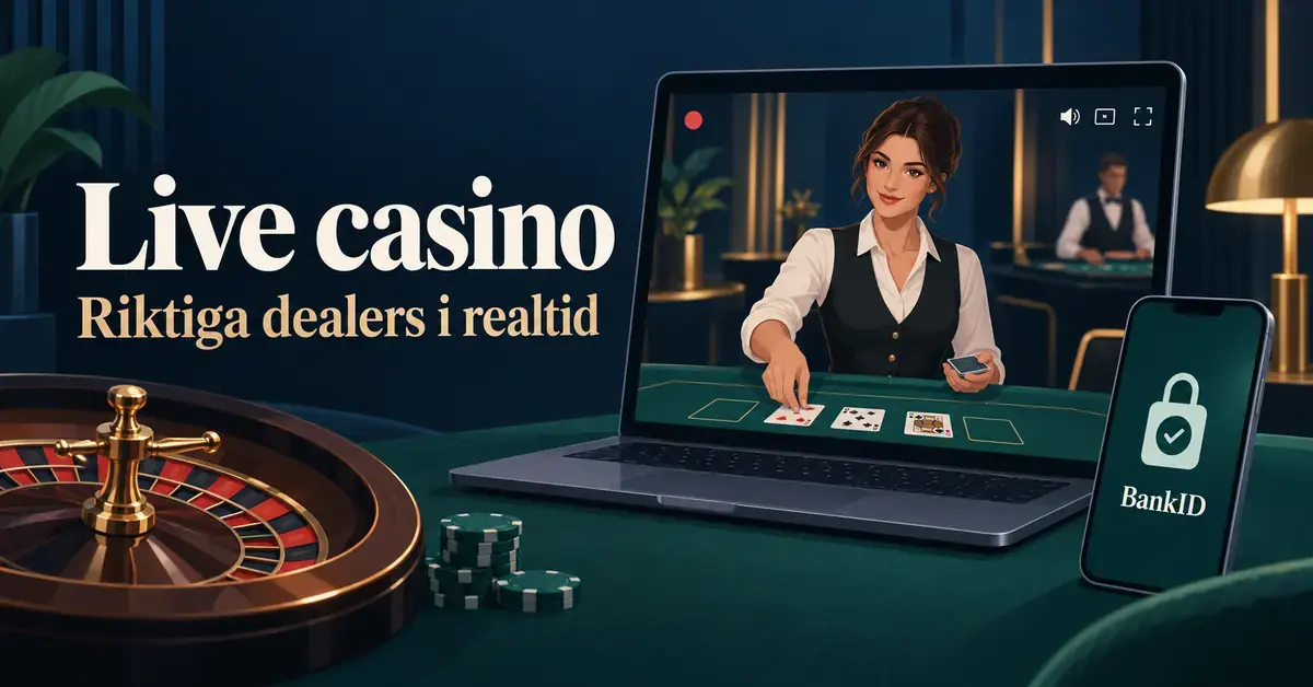 Illustration av en dealer som delar ut kort via en livesändning på en bärbar dator, med ett rouletthjul och en mobiltelefon som symboliserar verifiering med BankID.