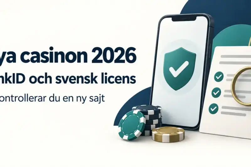 Illustration om nya casinon 2026 med en mobiltelefon, en sköld med bock, spelmarker och en checklista med förstoringsglas som symboliserar digital identifiering och kontroll av svensk licens.