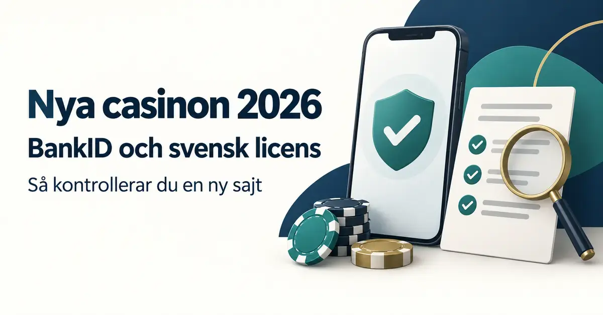 Illustration om nya casinon 2026 med en mobiltelefon, en sköld med bock, spelmarker och en checklista med förstoringsglas som symboliserar digital identifiering och kontroll av svensk licens.