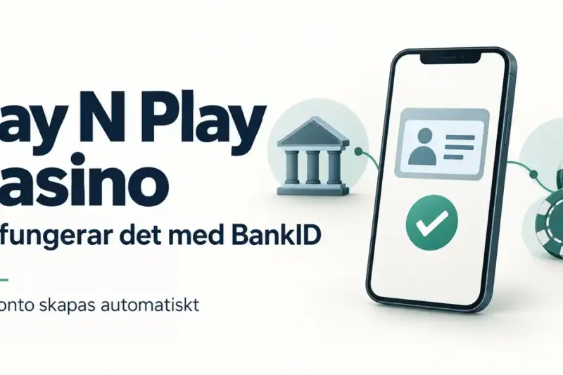 Illustration av en mobil med identitetskort och bock, en banksymbol och två spelmarker som visar hur Pay N Play med BankID fungerar och att ett konto skapas automatiskt.