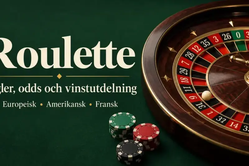 Roulettehjul med kula och spelmarker på grön bakgrund intill text om regler, odds, vinstutdelning samt europeisk, amerikansk och fransk roulette.