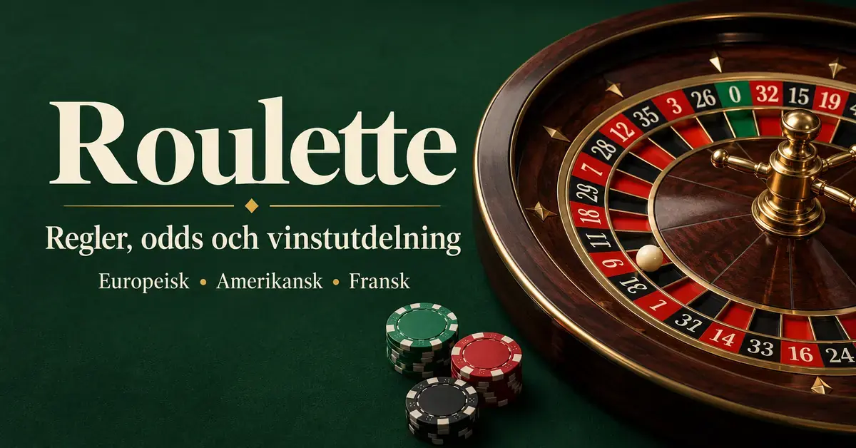 Roulettehjul med kula och spelmarker på grön bakgrund intill text om regler, odds, vinstutdelning samt europeisk, amerikansk och fransk roulette.