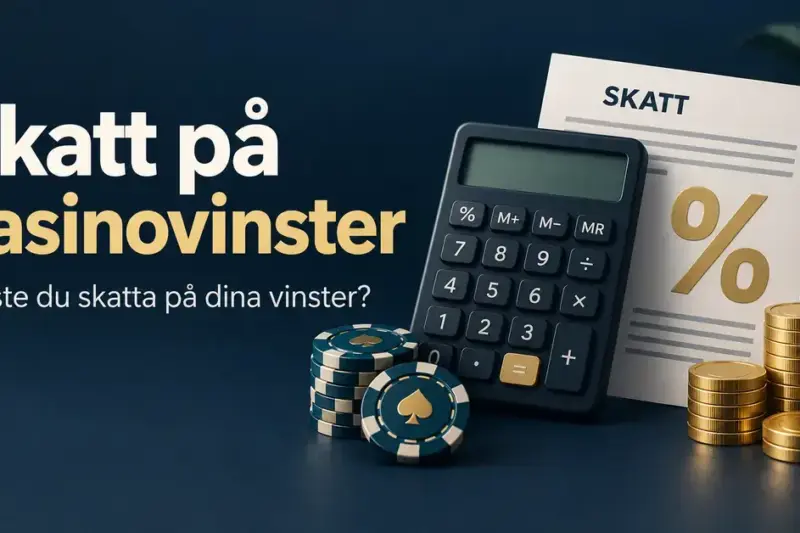 Illustration med kasinomarker, mynt, miniräknare och ett skattedokument intill texten ”Skatt på casinovinster – Måste du skatta på dina vinster?”.