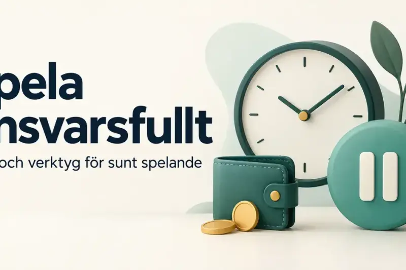 Illustration om ansvarsfullt spelande med en klocka, en plånbok med mynt och en paussymbol bredvid texten ”Spela ansvarsfullt – Tips och verktyg för sunt spelande”.
