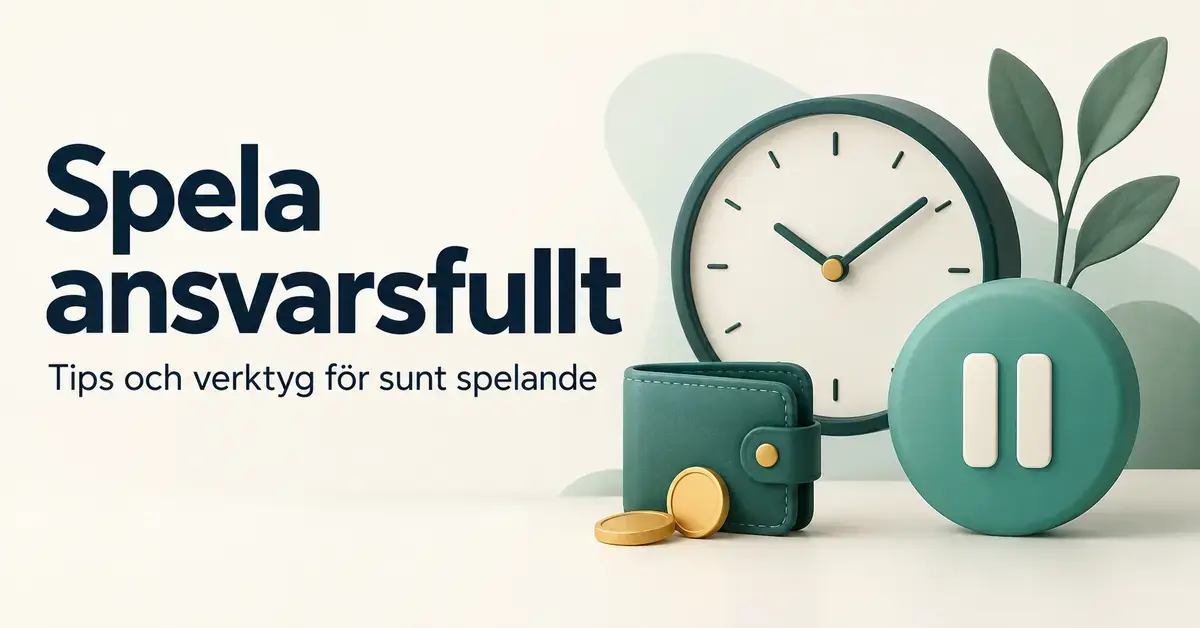 Illustration om ansvarsfullt spelande med en klocka, en plånbok med mynt och en paussymbol bredvid texten ”Spela ansvarsfullt – Tips och verktyg för sunt spelande”.