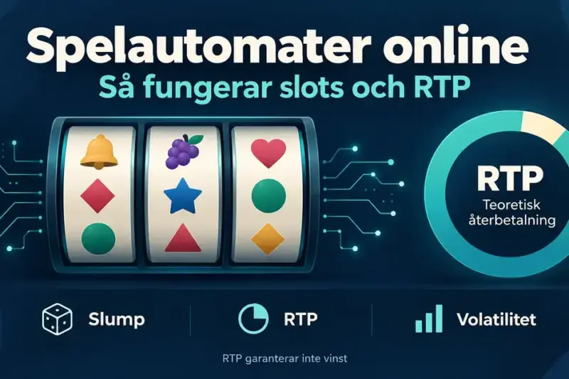 Illustration av spelautomaters hjul och ett RTP-diagram med begreppen slump, teoretisk återbetalning och volatilitet samt en påminnelse om att RTP inte garanterar vinst.