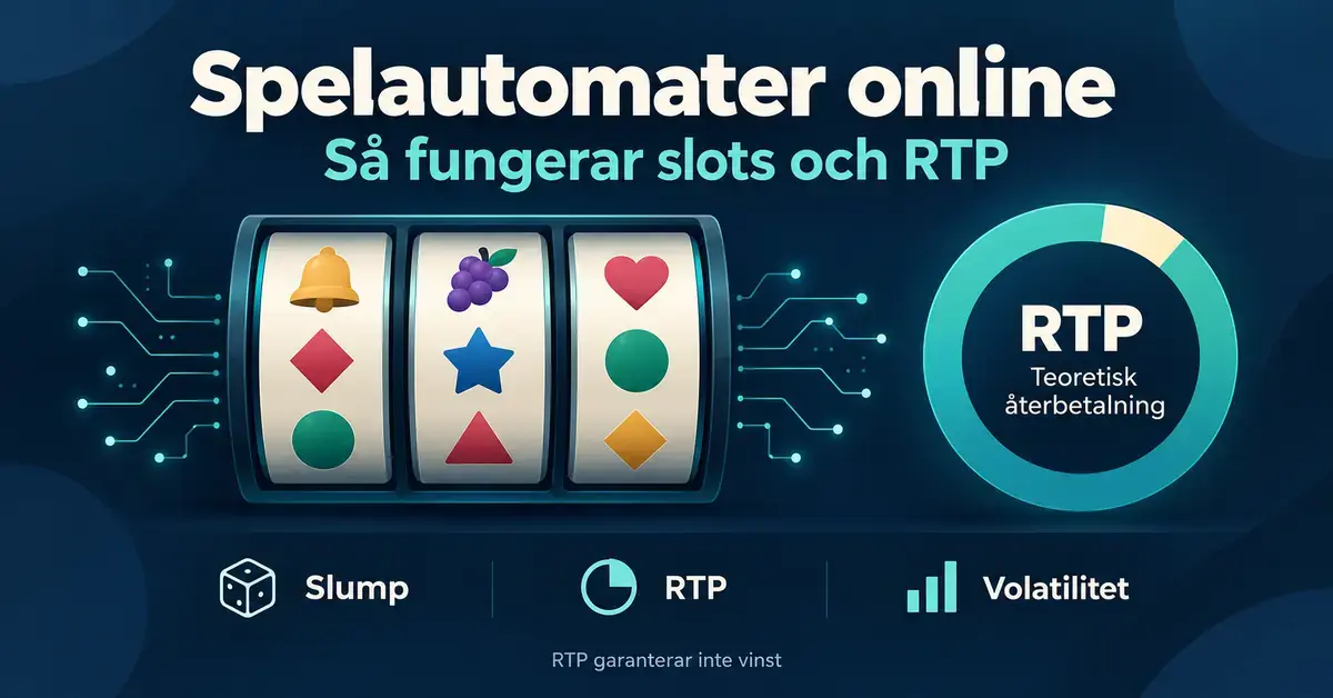 Illustration av spelautomaters hjul och ett RTP-diagram med begreppen slump, teoretisk återbetalning och volatilitet samt en påminnelse om att RTP inte garanterar vinst.
