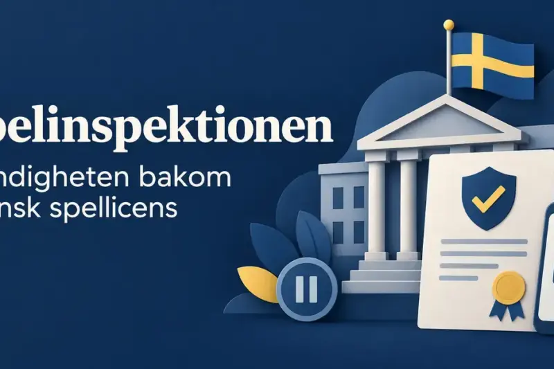 Illustration av en myndighetsbyggnad med svensk flagga, ett licensdokument, en mobil med hänglås och en paussymbol under rubriken Spelinspektionen – myndigheten bakom svensk spellicens.