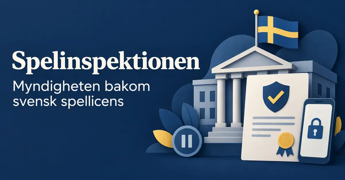 Illustration av en myndighetsbyggnad med svensk flagga, ett licensdokument, en mobil med hänglås och en paussymbol under rubriken Spelinspektionen – myndigheten bakom svensk spellicens.