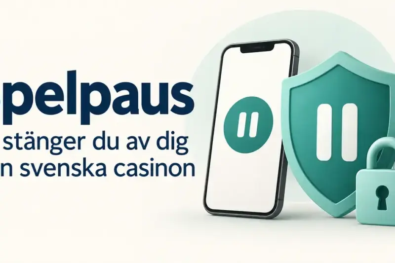 Illustration om Spelpaus med en mobiltelefon, en sköld med paussymbol och ett hänglås samt texten ”Spelpaus – Så stänger du av dig från svenska casinon”.
