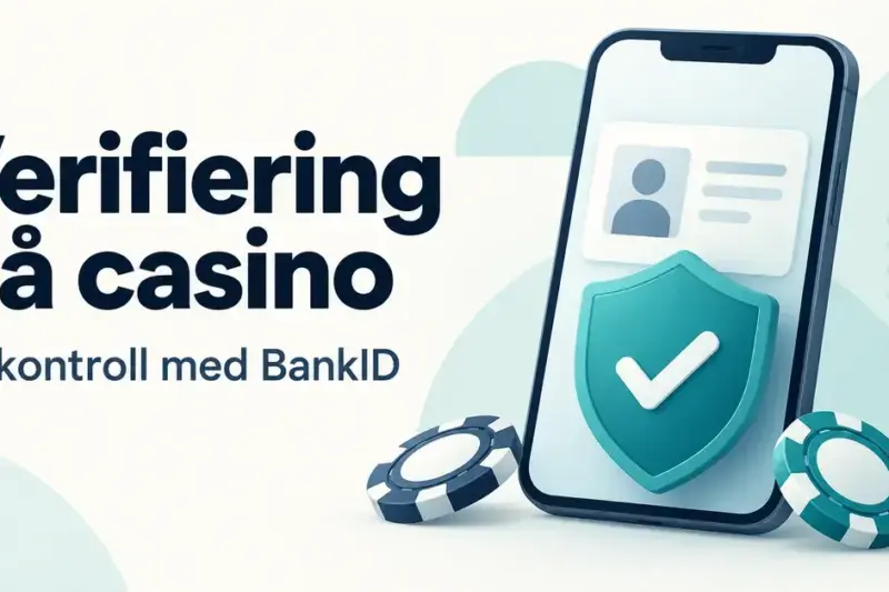 Illustration av en mobiltelefon med ID-kort, en sköld med bock och två spelmarker intill texten ”Verifiering på casino – ID-kontroll med BankID”.